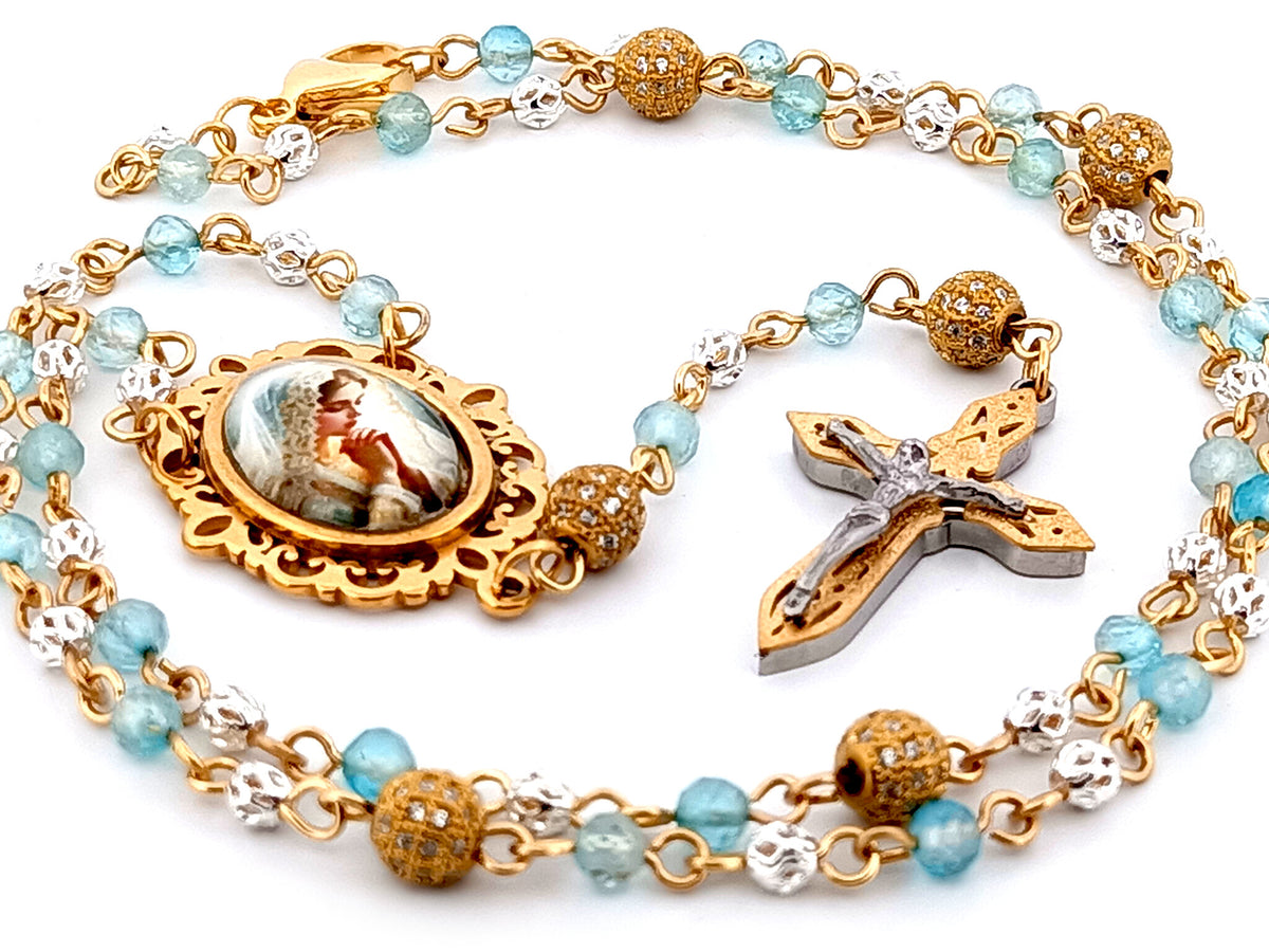 Virgin Mary topaz gemstone and 925 sterling silver unique rosary beads with mosaic 3D crucifix.