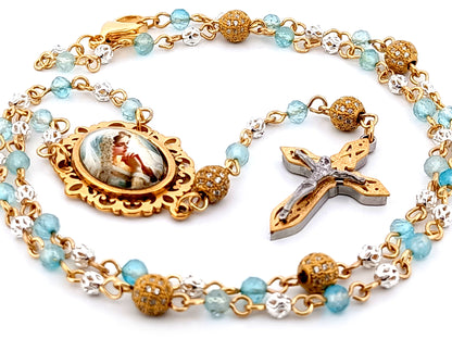 Virgin Mary topaz gemstone and 925 sterling silver unique rosary beads with mosaic 3D crucifix.