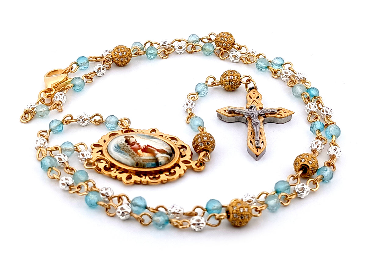 Virgin Mary topaz gemstone and 925 sterling silver unique rosary beads with mosaic 3D crucifix.