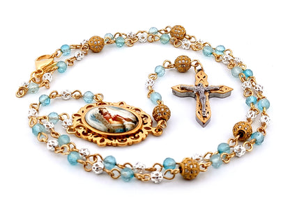 Virgin Mary topaz gemstone and 925 sterling silver unique rosary beads with mosaic 3D crucifix.