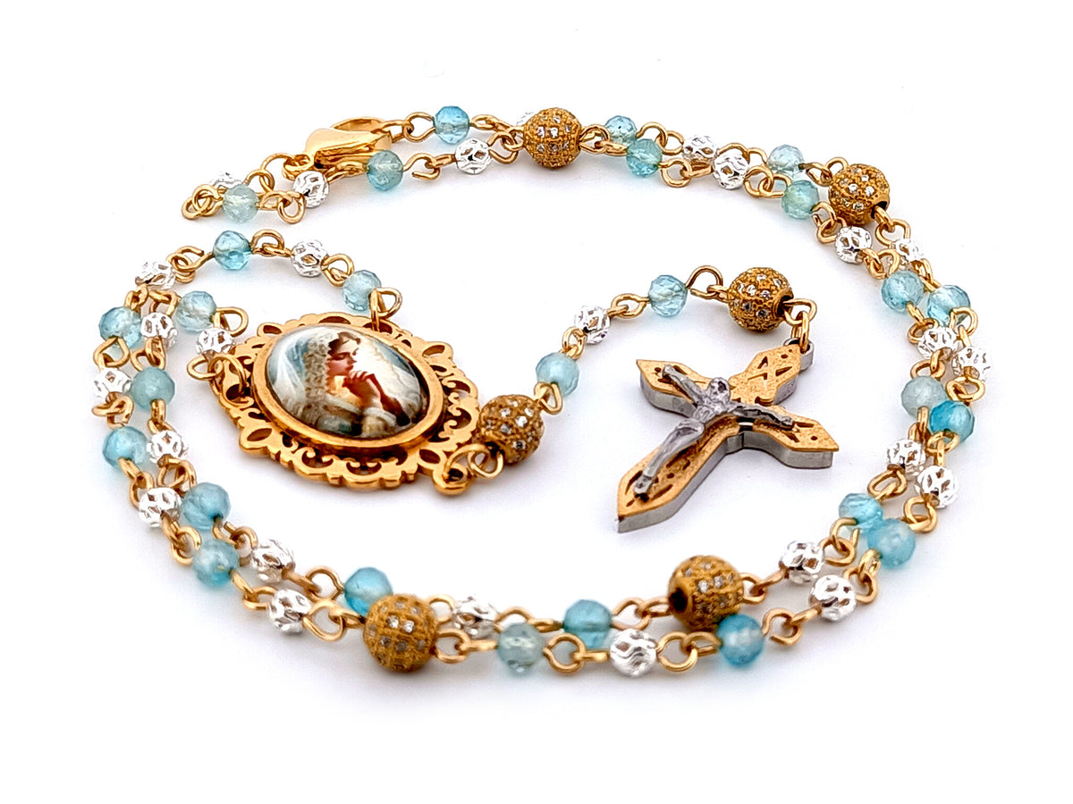 Virgin Mary topaz gemstone and 925 sterling silver unique rosary beads with mosaic 3D crucifix.