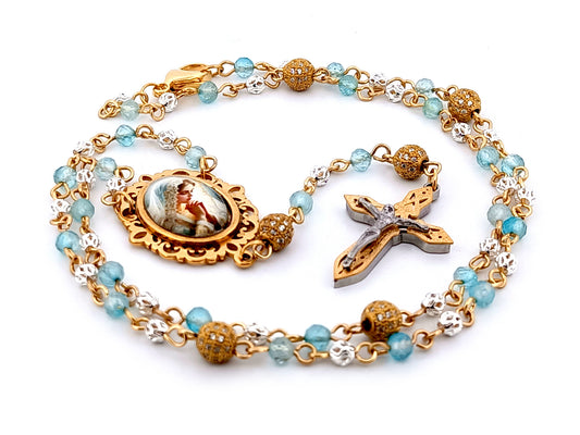 Virgin Mary topaz gemstone and 925 sterling silver unique rosary beads with mosaic 3D crucifix.