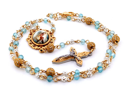 Virgin Mary topaz gemstone and 925 sterling silver unique rosary beads with mosaic 3D crucifix.