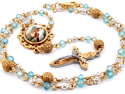 Virgin Mary topaz gemstone and 925 sterling silver unique rosary beads with mosaic 3D crucifix.