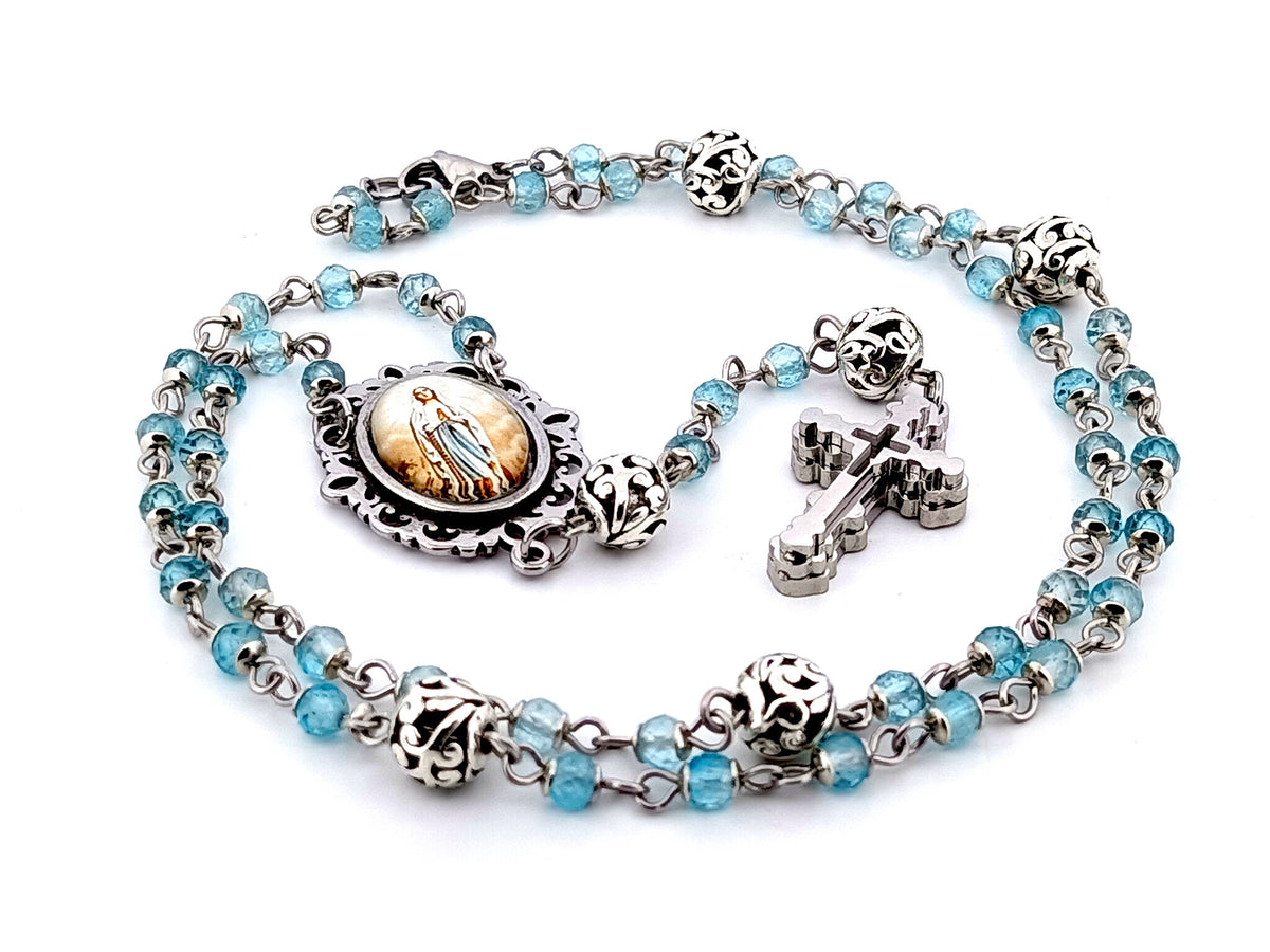 Immaculate Conception topaz gemstone and silver unique rosary beads with stainless steel 3D cross.