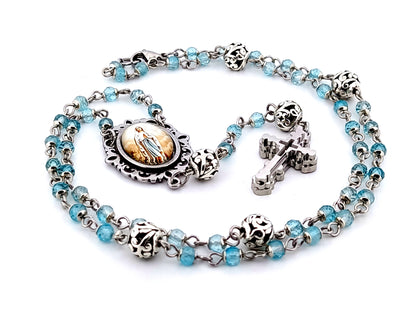 Immaculate Conception topaz gemstone and silver unique rosary beads with stainless steel 3D cross.