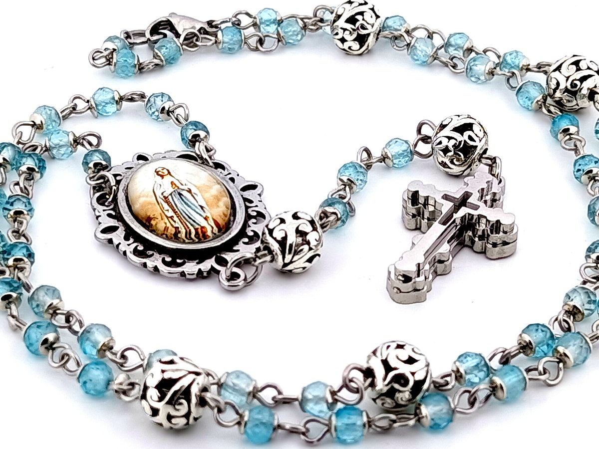 Immaculate Conception topaz gemstone and silver unique rosary beads with stainless steel 3D cross.