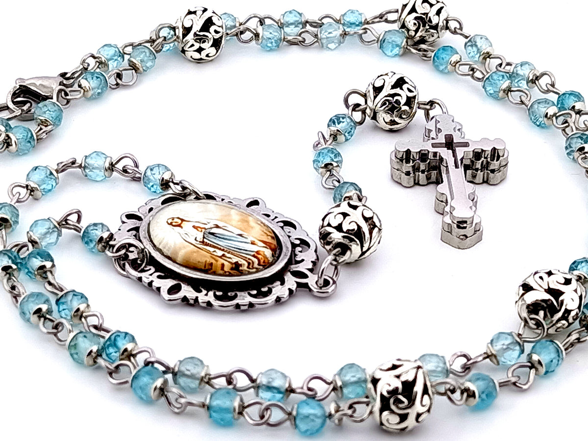 Immaculate Conception topaz gemstone and silver unique rosary beads with stainless steel 3D cross.