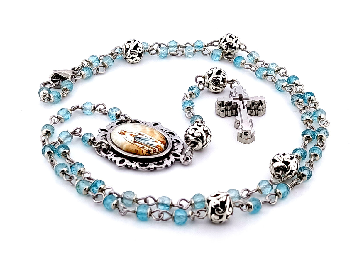 Immaculate Conception topaz gemstone and silver unique rosary beads with stainless steel 3D cross.