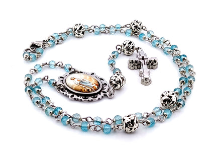 Immaculate Conception topaz gemstone and silver unique rosary beads with stainless steel 3D cross.