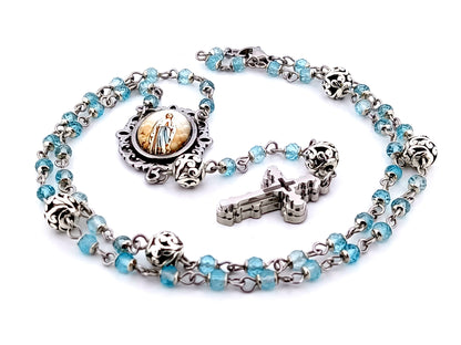 Immaculate Conception topaz gemstone and silver unique rosary beads with stainless steel 3D cross.