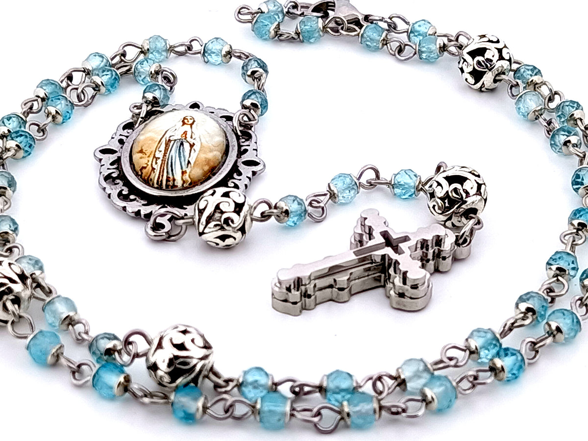 Immaculate Conception topaz gemstone and silver unique rosary beads with stainless steel 3D cross.