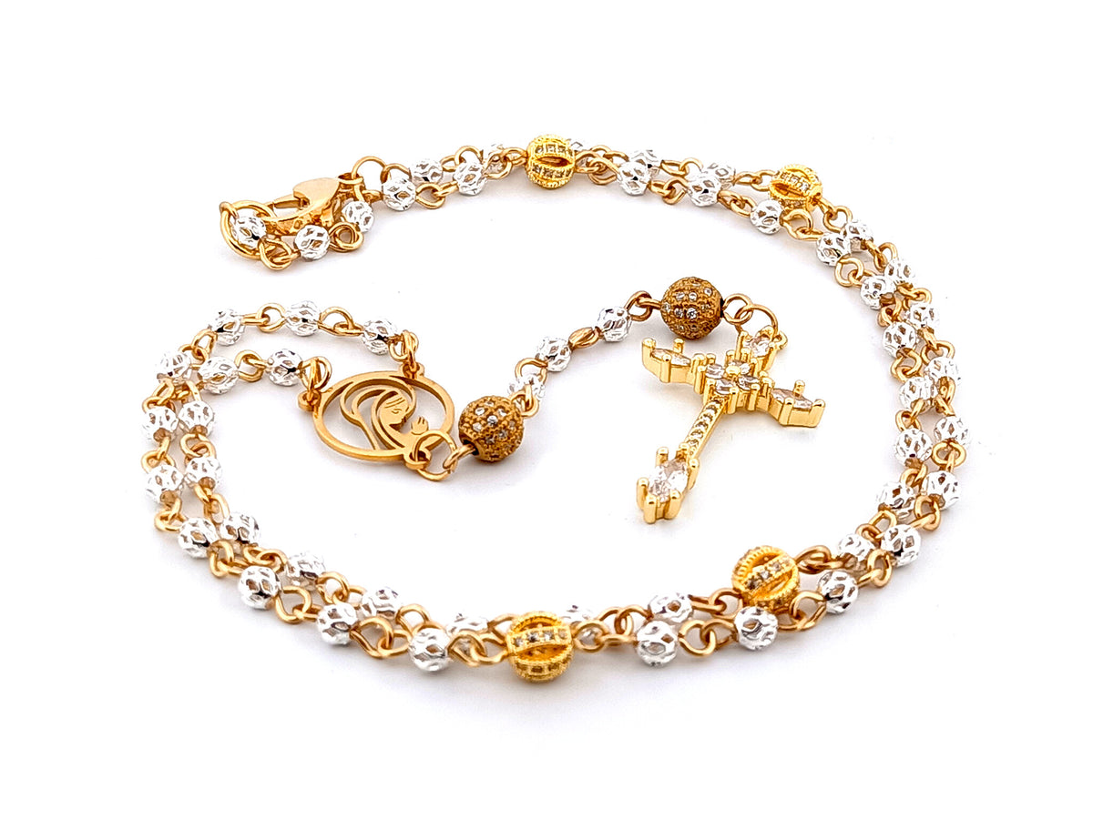 Praying Virgin Mary 925 sterling silver and 18ct gold plated unique rosary beads necklace with cubic zirconia cross.