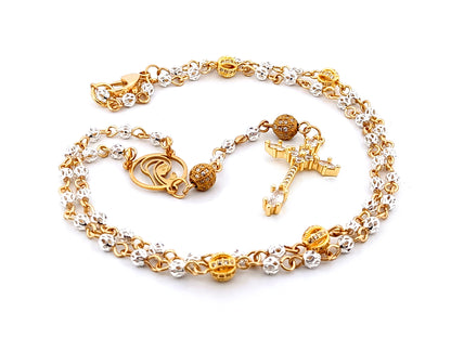 Praying Virgin Mary 925 sterling silver and 18ct gold plated unique rosary beads necklace with cubic zirconia cross.