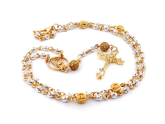 Praying Virgin Mary 925 sterling silver and 18ct gold plated unique rosary beads necklace with cubic zirconia cross.