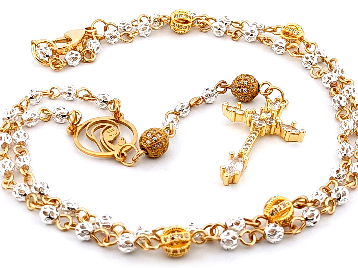 Praying Virgin Mary 925 sterling silver and 18ct gold plated unique rosary beads necklace with cubic zirconia cross.