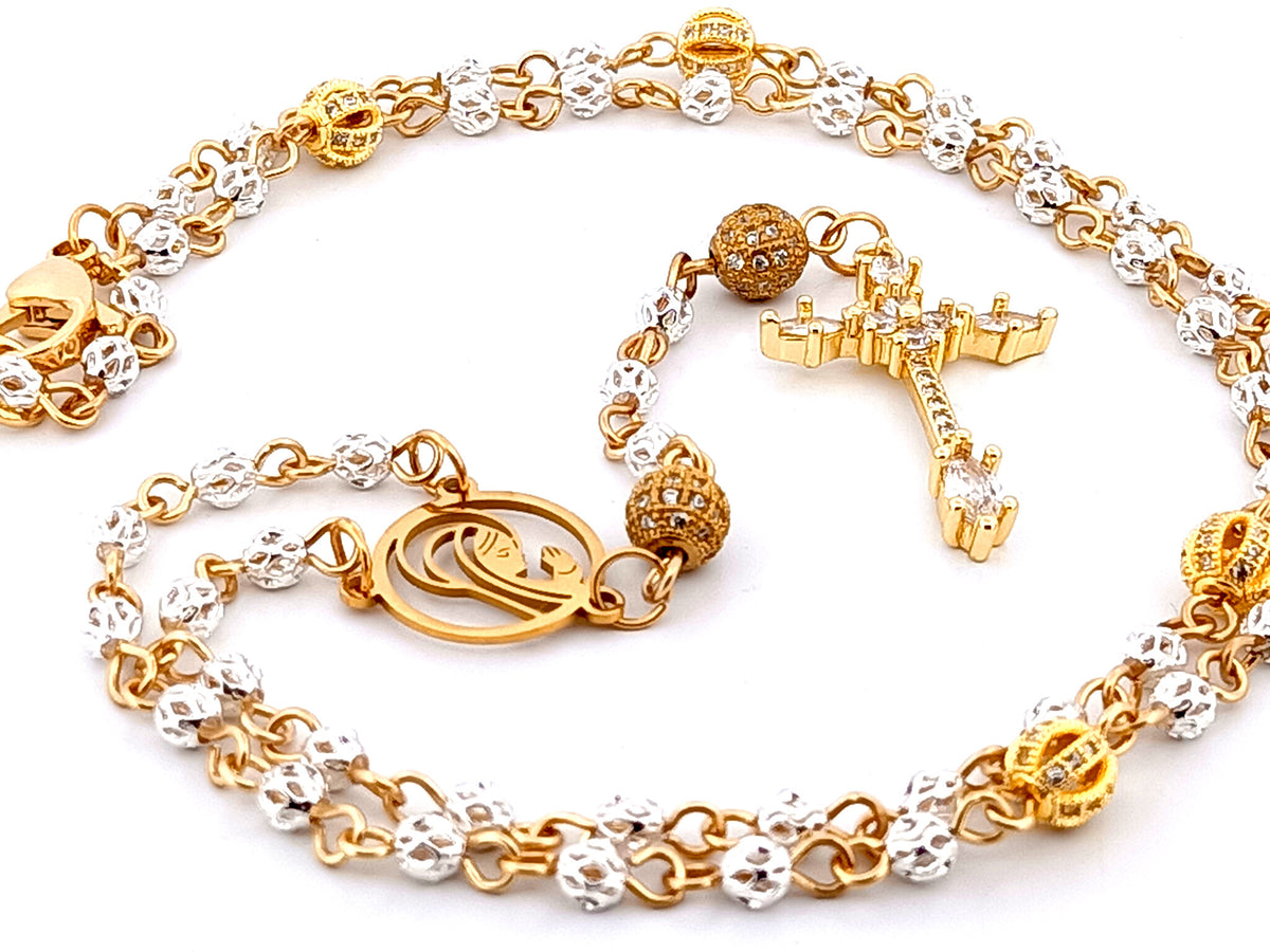 Praying Virgin Mary 925 sterling silver and 18ct gold plated unique rosary beads necklace with cubic zirconia cross.