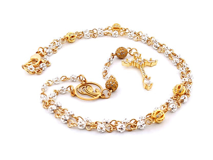 Praying Virgin Mary 925 sterling silver and 18ct gold plated unique rosary beads necklace with cubic zirconia cross.