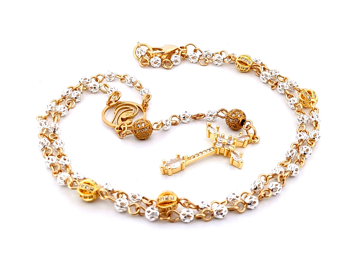 Praying Virgin Mary 925 sterling silver and 18ct gold plated unique rosary beads necklace with cubic zirconia cross.