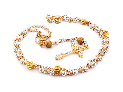 Praying Virgin Mary 925 sterling silver and 18ct gold plated unique rosary beads necklace with cubic zirconia cross.