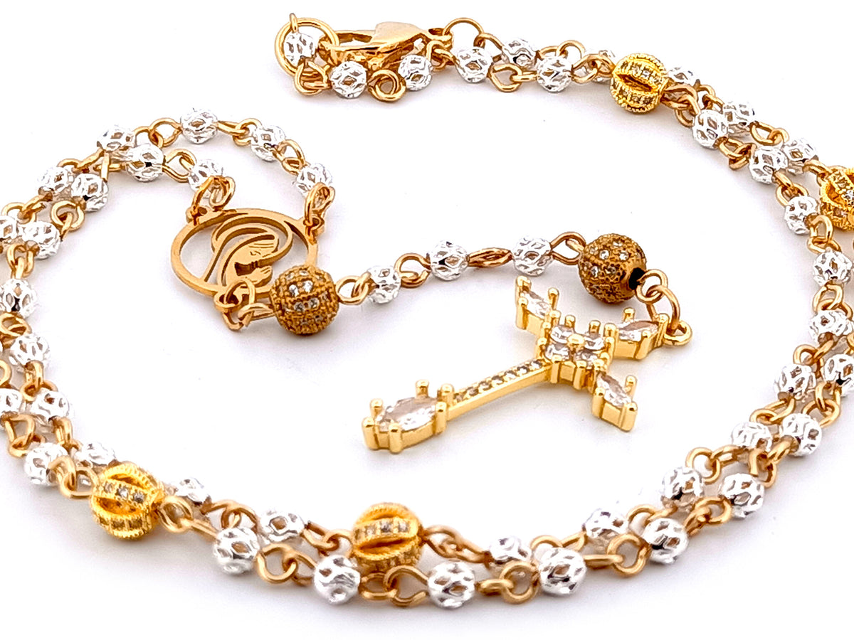Praying Virgin Mary 925 sterling silver and 18ct gold plated unique rosary beads necklace with cubic zirconia cross.