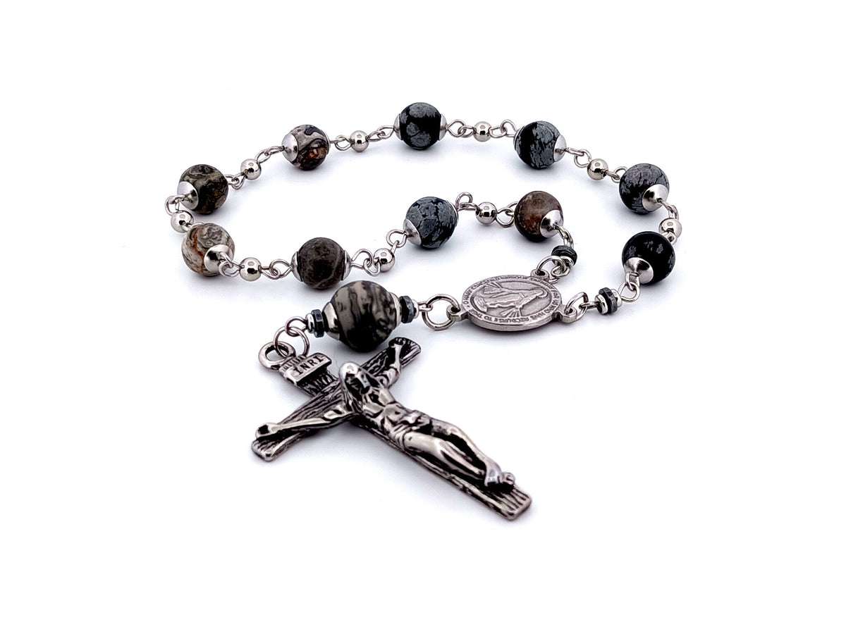 Miraculous Medal snowflake and map jasper gemstone single decade rosary beads with stainless steel crucifix.