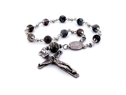 Miraculous Medal snowflake and map jasper gemstone single decade rosary beads with stainless steel crucifix.