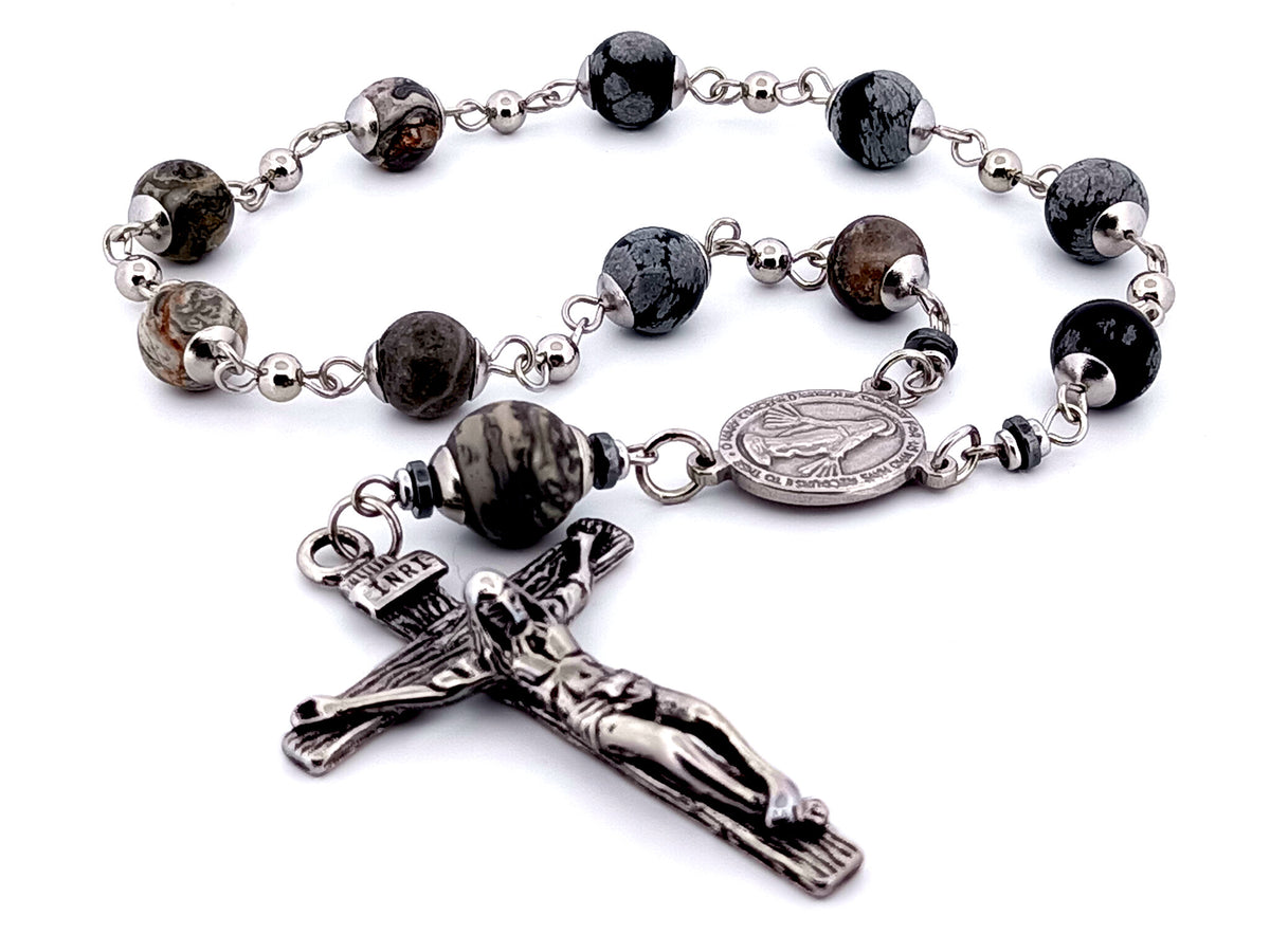 Miraculous Medal snowflake and map jasper gemstone single decade rosary beads with stainless steel crucifix.