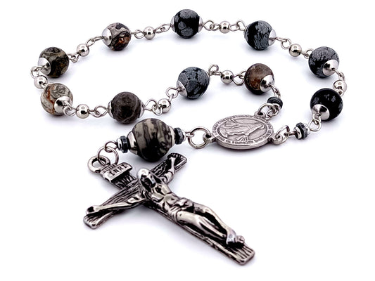 Miraculous Medal snowflake and map jasper gemstone single decade rosary beads with stainless steel crucifix.