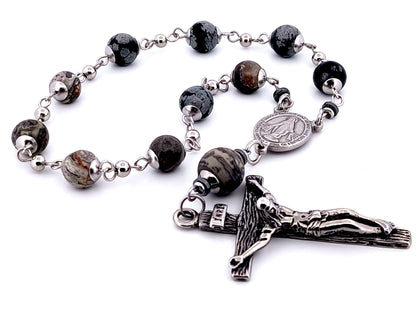 Miraculous Medal snowflake and map jasper gemstone single decade rosary beads with stainless steel crucifix.