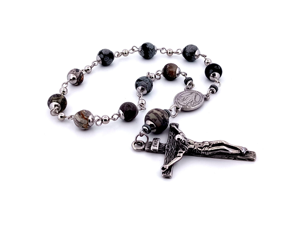 Miraculous Medal snowflake and map jasper gemstone single decade rosary beads with stainless steel crucifix.