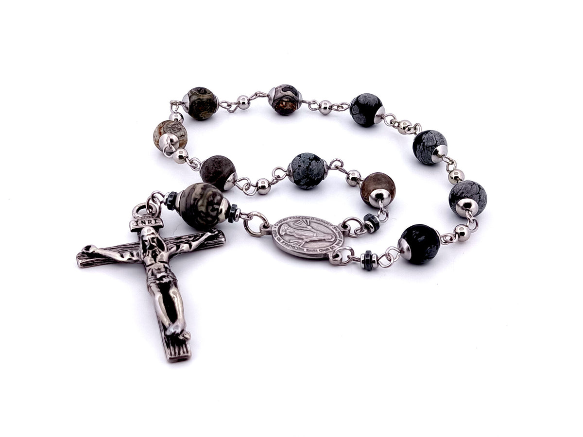 Miraculous Medal snowflake and map jasper gemstone single decade rosary beads with stainless steel crucifix.