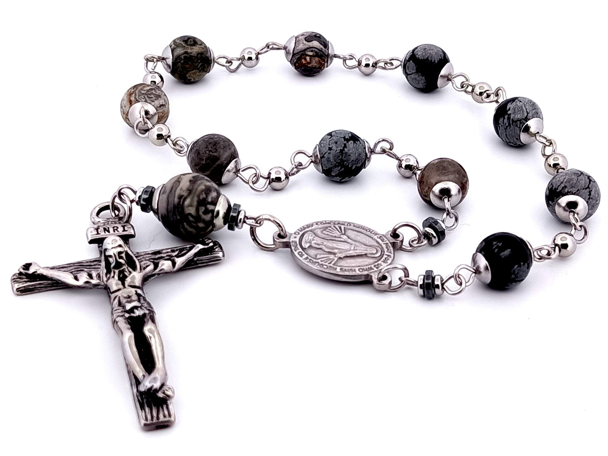 Miraculous Medal snowflake and map jasper gemstone single decade rosary beads with stainless steel crucifix.