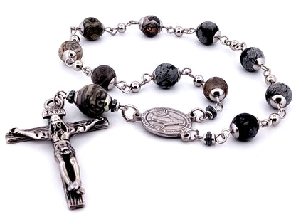Miraculous Medal snowflake and map jasper gemstone single decade rosary beads with stainless steel crucifix.