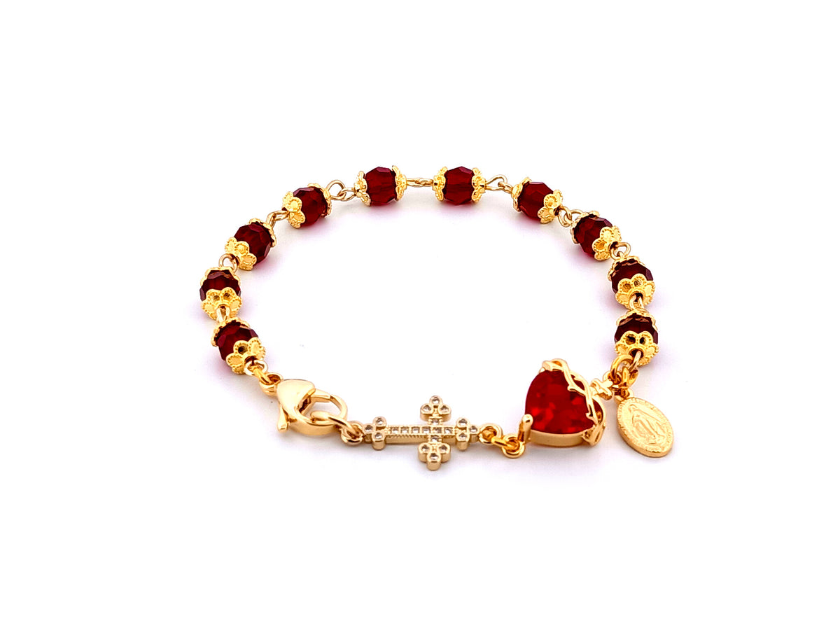 Sacred Heart of Jesus red crystal and gold single decade unique rosary bead bracelet with 18K cubic zirconia cross and Miraculous medal. 