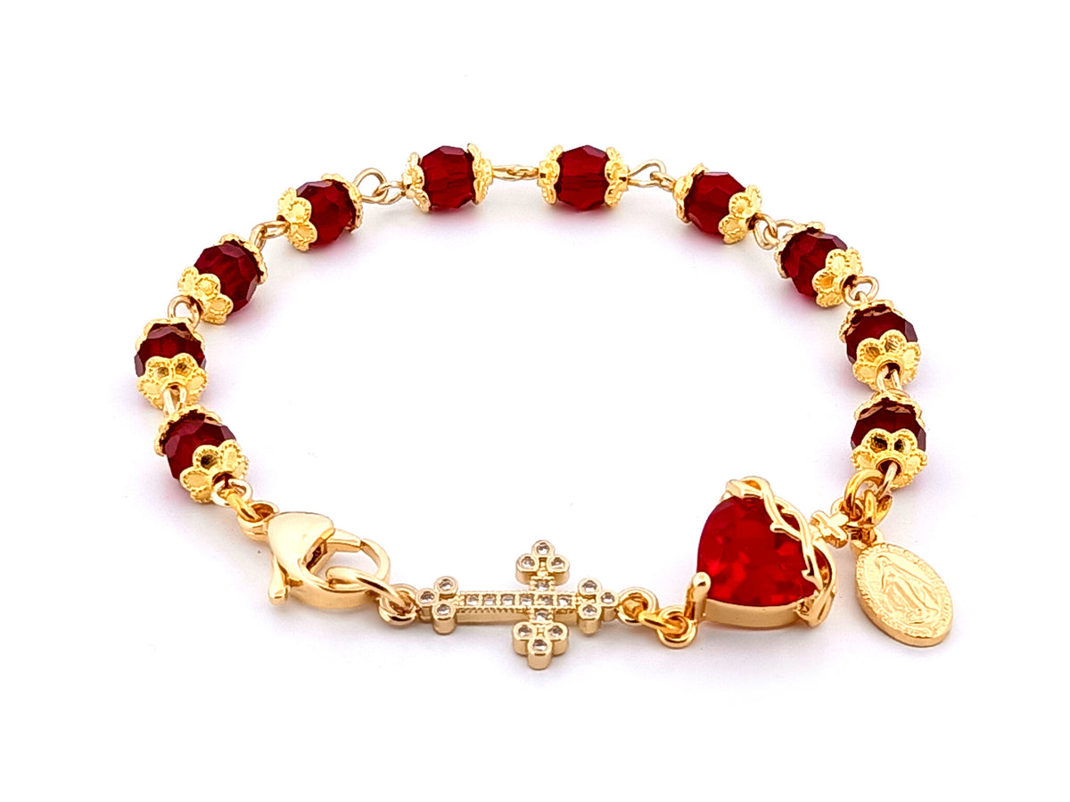 Sacred Heart of Jesus red crystal and gold single decade unique rosary bead bracelet with 18K cubic zirconia cross and Miraculous medal. 