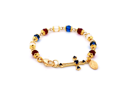Miraculous medal crystal and gold single decade unique rosary beads bracelet with 18K gold cubic zirconia cross.