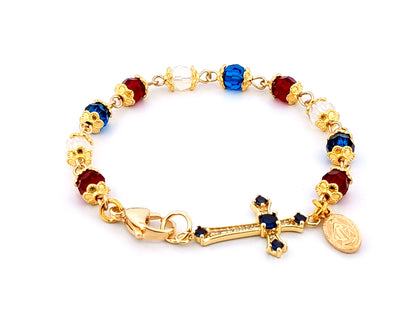Miraculous medal crystal and gold single decade unique rosary beads bracelet with 18K gold cubic zirconia cross.