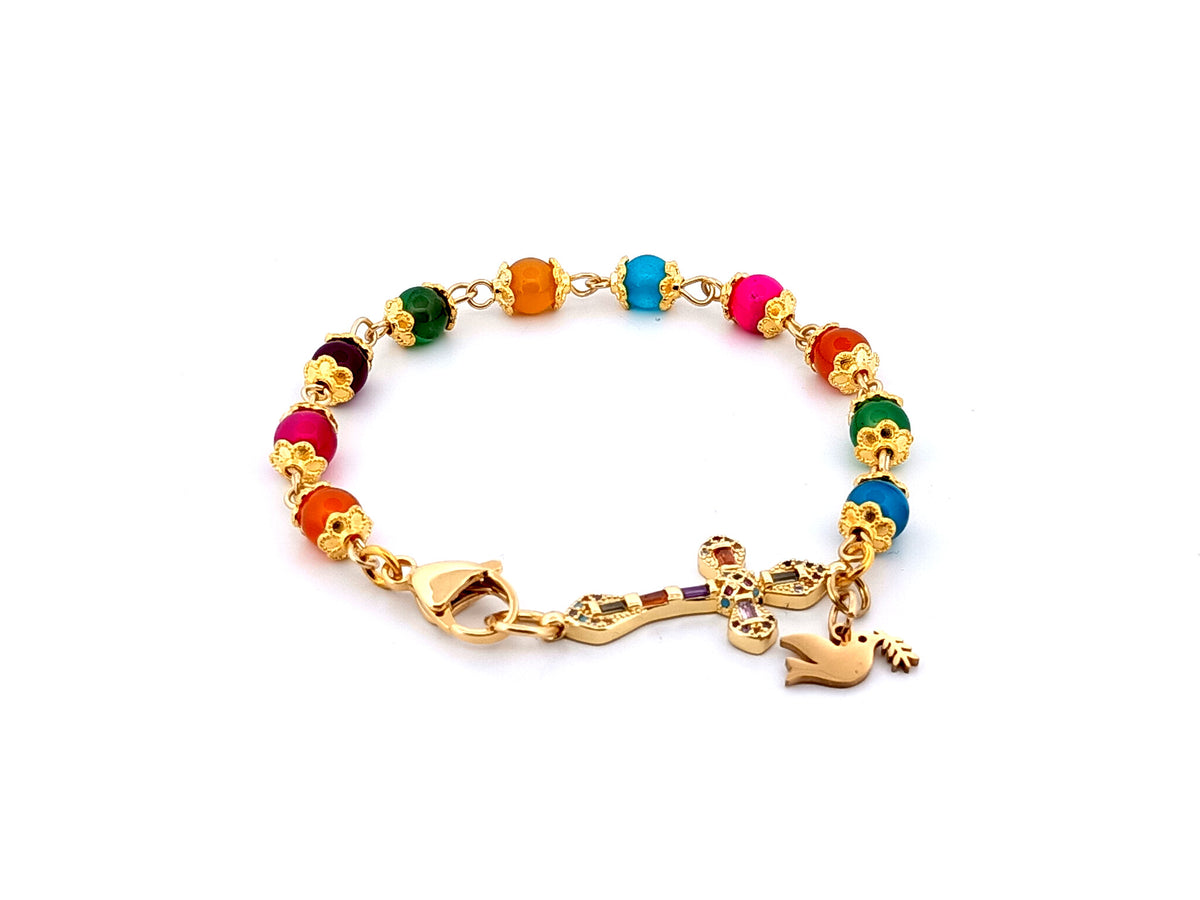 Holy Spirit multi coloured agate gemstone single decade rosary bead bracelet with 18K gold cubic zirconia cross.