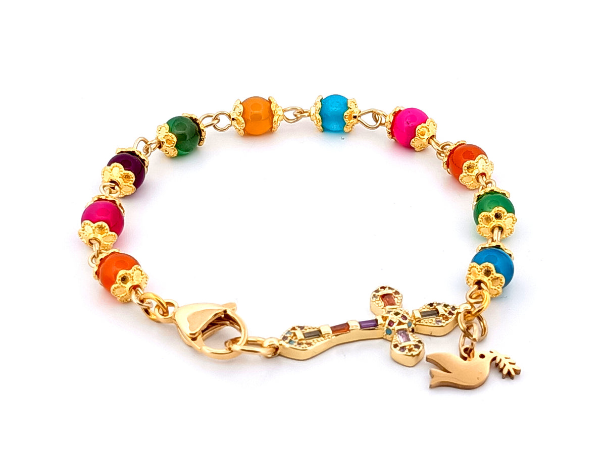 Holy Spirit multi coloured agate gemstone single decade rosary bead bracelet with 18K gold cubic zirconia cross.