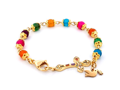 Holy Spirit multi coloured agate gemstone single decade rosary bead bracelet with 18K gold cubic zirconia cross.
