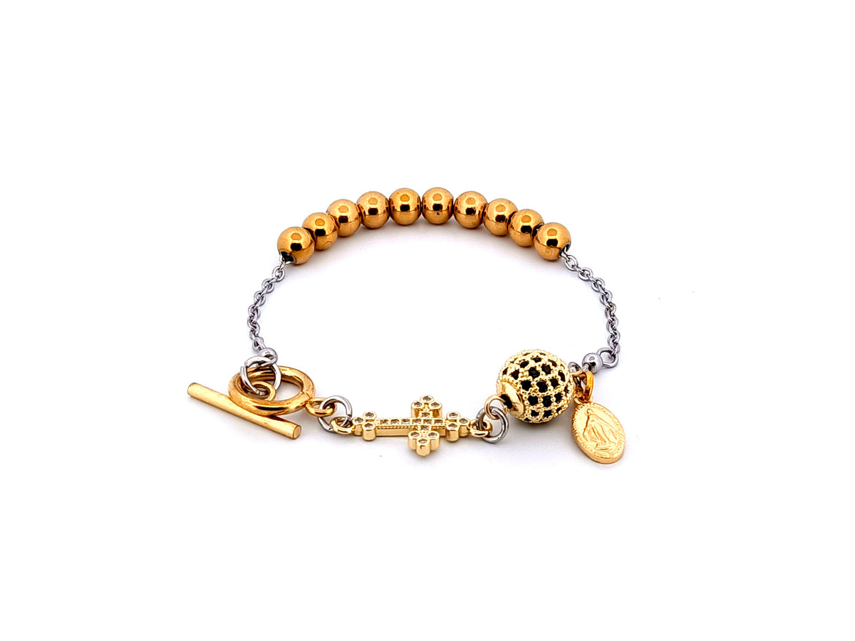 Miraculous Medal 18K gold plated stainless steel and cubic zirconia single decade rosary bead bracelet with small 18K gold cross.