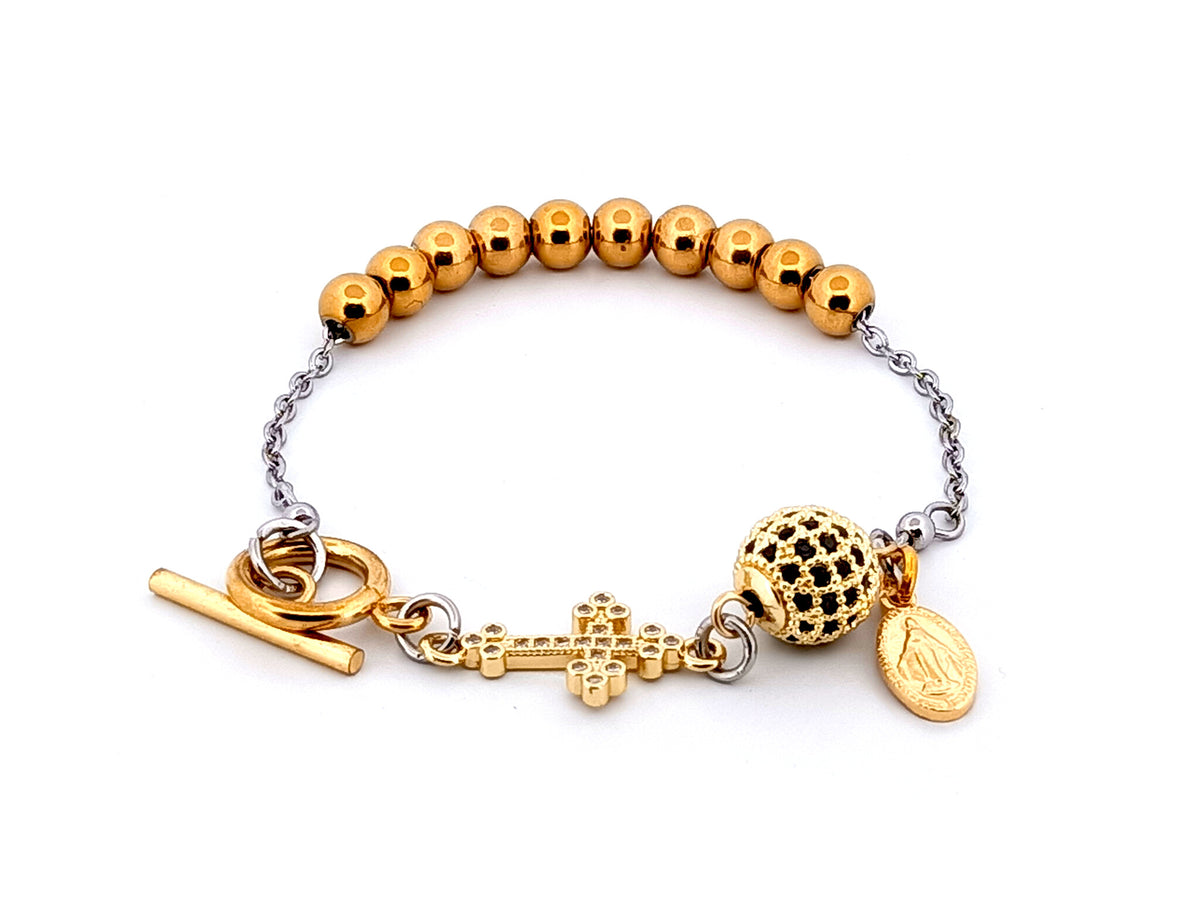 Miraculous Medal 18K gold plated stainless steel and cubic zirconia single decade rosary bead bracelet with small 18K gold cross.