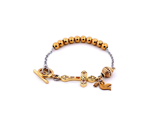 Holy Spirit gold plated stainless steel single decade rosary bead bracelet with 18K cubic zirconia cross.