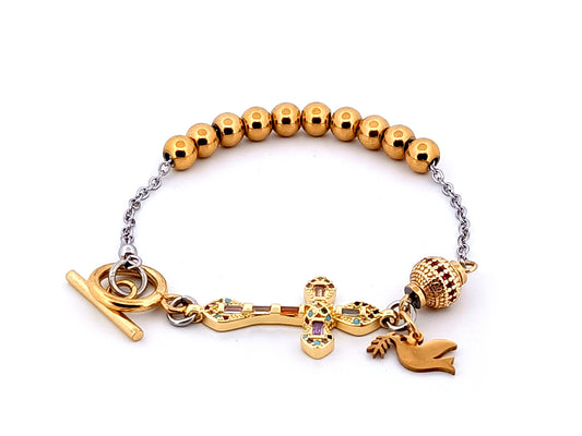 Holy Spirit gold plated stainless steel single decade rosary bead bracelet with 18K cubic zirconia cross. 