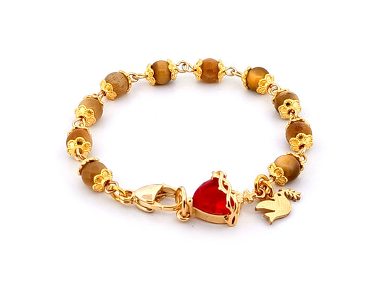 Sacred Heart tigers eye gemstone and crystal 18ct gold single decade rosary bead bracelet with Holy Spirit medal.