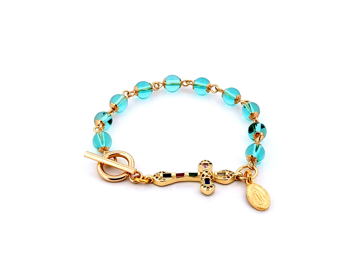 Miraculous Medal Austrian crystal single decade rosary bead bracelet with 18K gold cubic zirconia cross. 