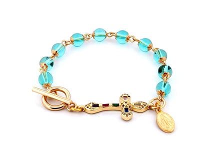 Miraculous Medal Austrian crystal single decade rosary bead bracelet with 18K gold cubic zirconia cross. 