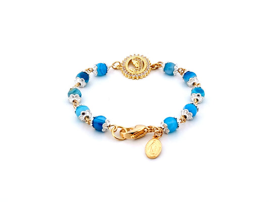 Virgin Mary striped blue agate gemstone single decade rosary beads with gold plated Miraculous medal.