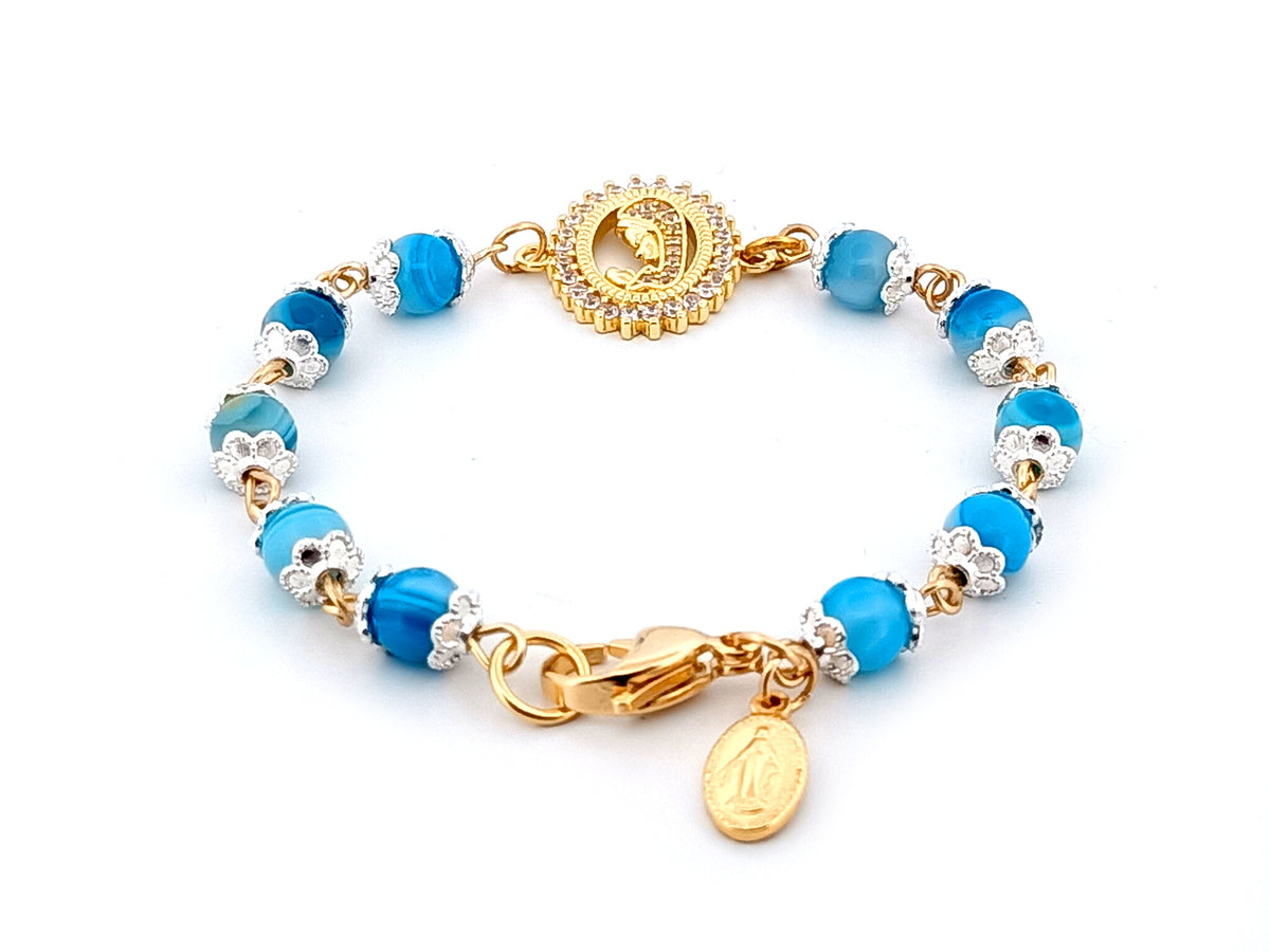 Virgin Mary striped blue agate gemstone single decade rosary beads with gold plated Miraculous medal.